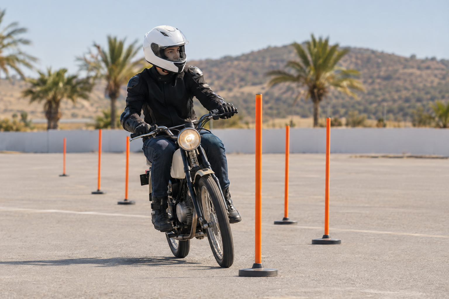 Examen práctico AM: alumno en ciclomotor entre jalones en la pista de la DGT